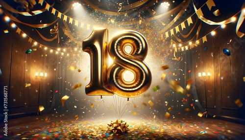 golden balloons number 18 on birthday concept background photo