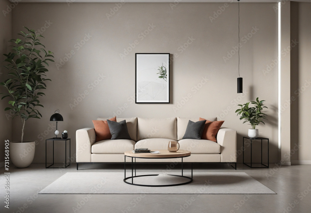 Gray walls, a concrete floor, a beige sofa next to a black coffee table, and a beige armchair with a vertical picture above it