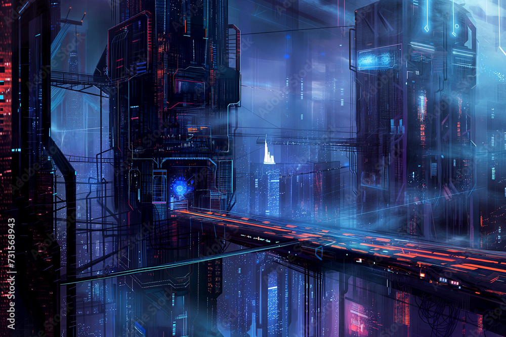 Illustration of a city in cyberpunk style. City of the future. Neon lighting. Dystopia. Digital illustration.