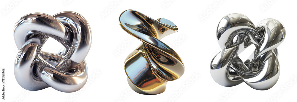 Set of 3d rendered metallic twisted shape, metallic color, isolated on transparent background Set of 3d rendered metallic twisted shape, metallic color, isolated on transparent background