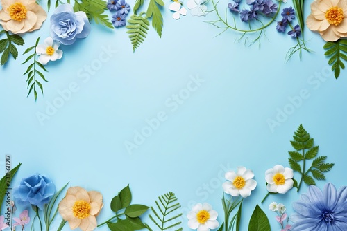 Frame assorted leaves and flowers on blue border background. Valentine's day-mother's day. greeting card. presentation. advertisement. copy text space. photo