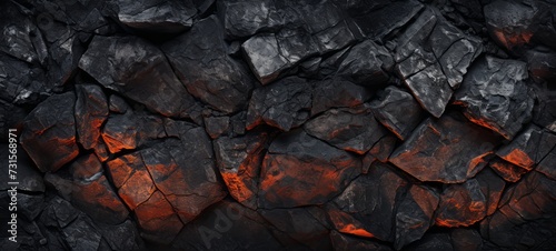 Volcanic bricks wall. Wall of Volcanic basalt rock bricks wallpaper. Volcanic rock bricks wall texture. Horizontal format for banners, posters, advertising.