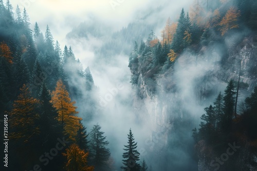Mystical forest covered in fog, ethereal trees and autumn colors. dreamy nature scene with mist. AI