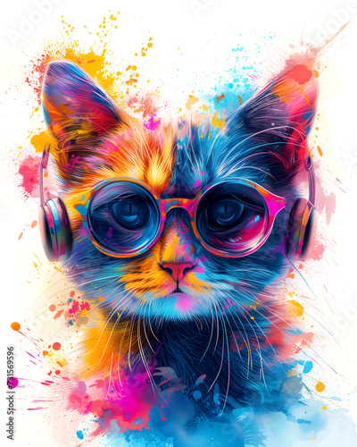 fashionable cat in sunglasses and headphones. imitation of water-based paints. modern print for clothes, t-shirts. © Bonya Sharp Claw