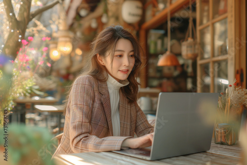 Asian business consultant woman using laptop at table in lovely green plant-filled cafe