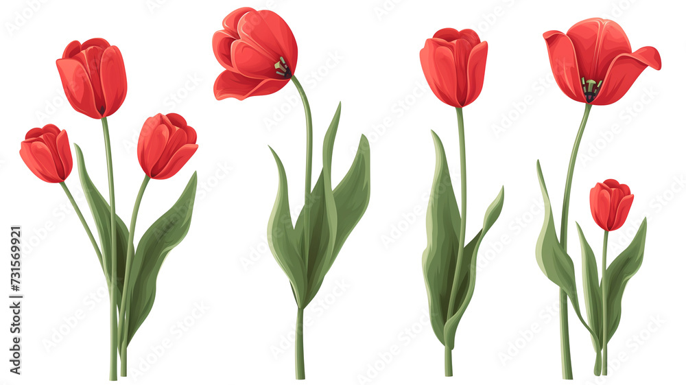 Set of plastic red tulip flowers with stem, and leaves.