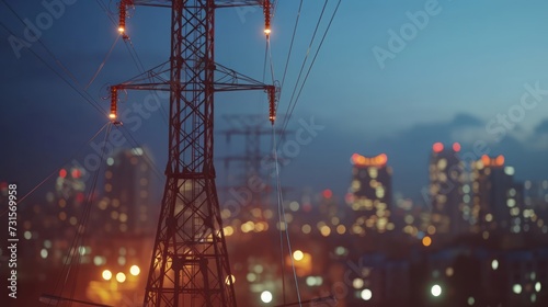 High voltage electric tower on night city background