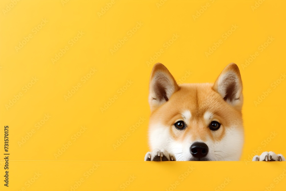 Cute shiba inu dog peeking through hole in yellow background. - obrazy, fototapety, plakaty 