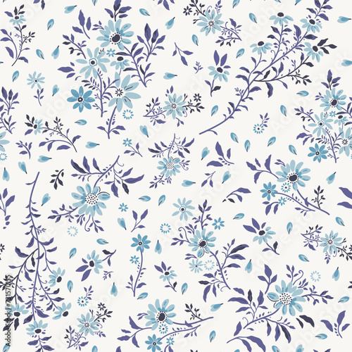 Blue, colorful and seamless vector pattern, hand-drawn against a background of floral textures. This sketch can be used as wallpaper, textiles, fabric, and designer packaging.