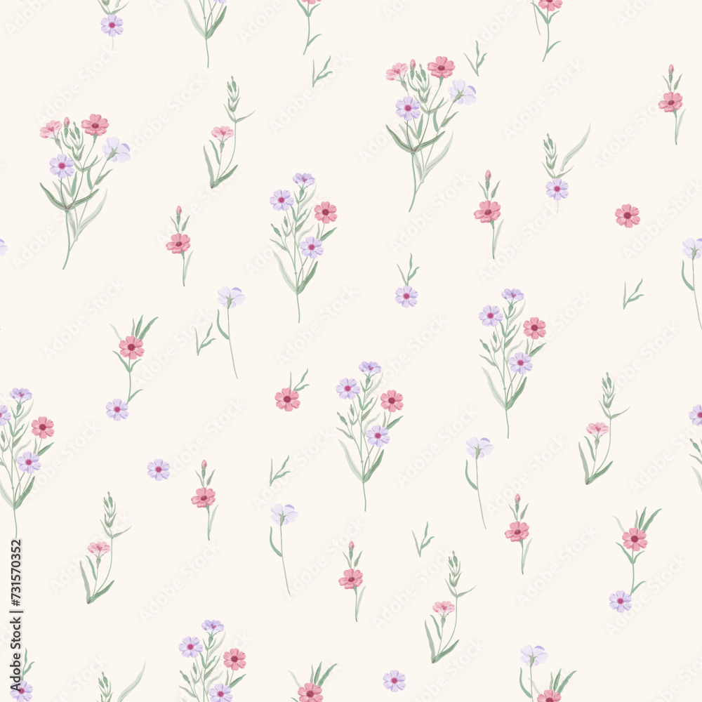 A cute floral pattern with a small flower in the center. The print features small lilac and pink flowers, on an ivory background. A cute floral pattern with a small flower in the center. The print features small lilac and pink flowers, on an ivory background.
