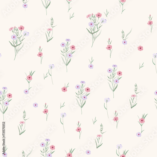 A cute floral pattern with a small flower in the center. The print features small lilac and pink flowers, on an ivory background.