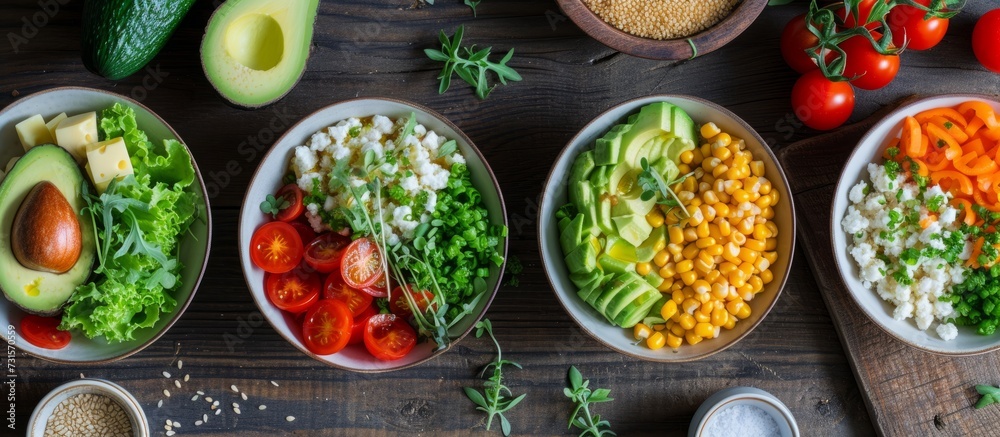 Healthy diet bowls filled with a variety of vegetables, including avocado, cheese, tomatoes, and groats. Healthy diet bowls filled with a variety of vegetables, including avocado, cheese, tomatoes, and groats.