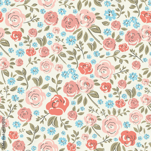 A cute  feminine watercolor seamless pattern featuring pink and blue wildflowers against a light yellow background.