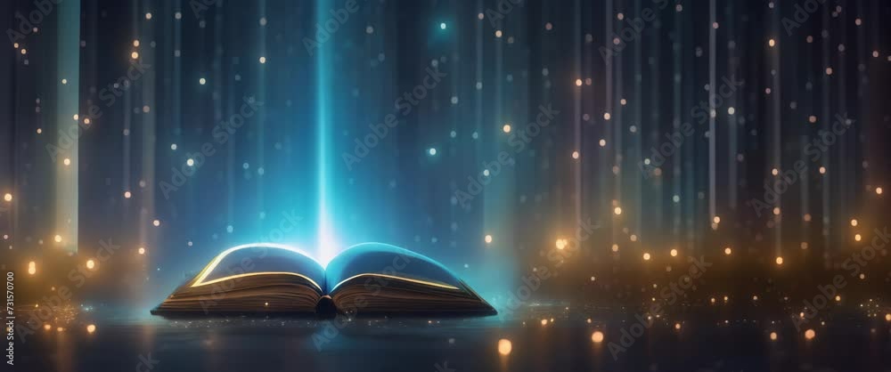 Mystical Tome: An Open Book Glowing with Celestial Light. Mesmerizing shower of light, evoking a sense of magical wisdom and the infinite universe of knowledge. Panorama, copy space. World poetry day.