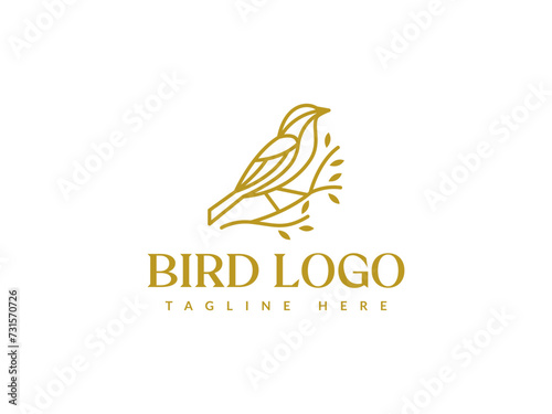 bird line logo vector illustration. bird with tree branch logo template