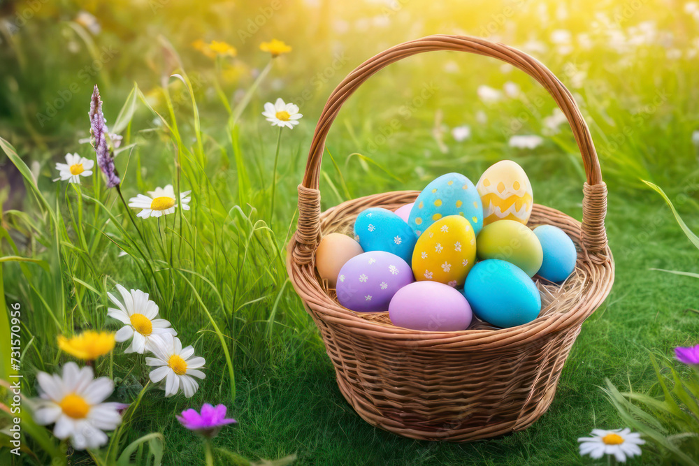 basket of colorful Easter eggs on grass with spring flowers at sunny day
