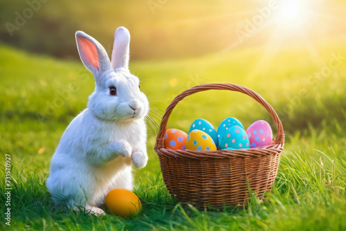 cute bunny and Easter eggs in basket on green grass with sunshine