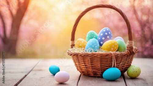 Easter eggs in basket on wooden table and blooming garden on the background
