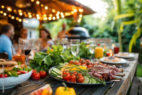 Outdoors Dinner Table with Gorgeous-Looking Barbecue Meat, Fresh Vegetables and Salads. Blurred Joyful People Celebrating in the Background. AI generative