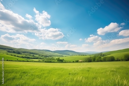 landscape view of rolling green hills on a bright sunny day with copyspace