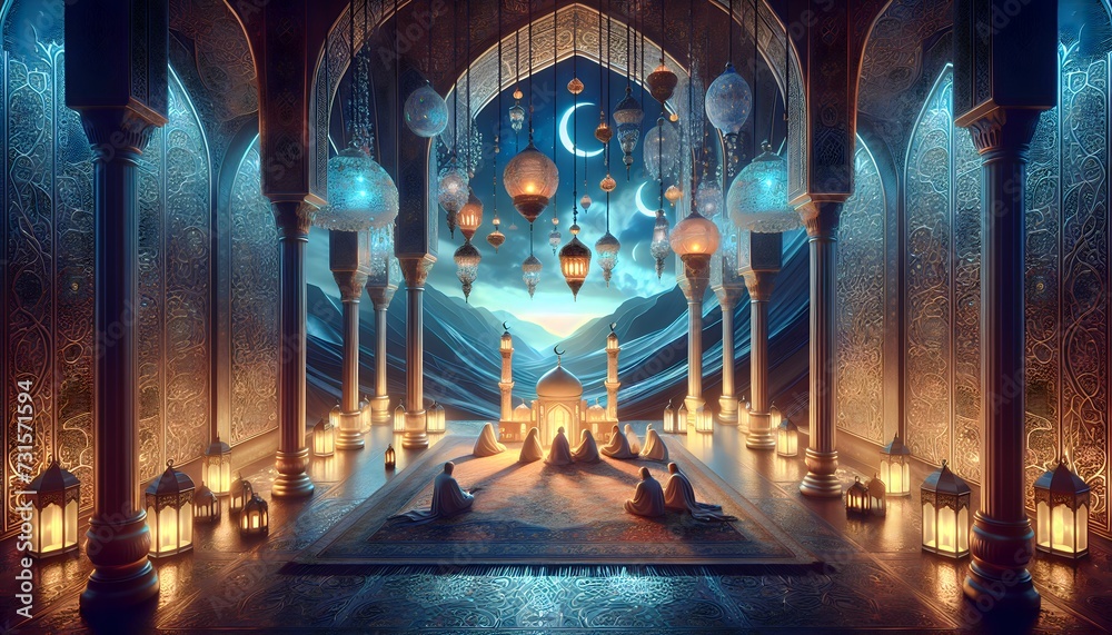 Obraz premium Ramadan Kareem vector card with 3d golden metal crescent, hanging stars, paper cut clouds, mosque. Arabic style arch with traditional pattern. Copy space.