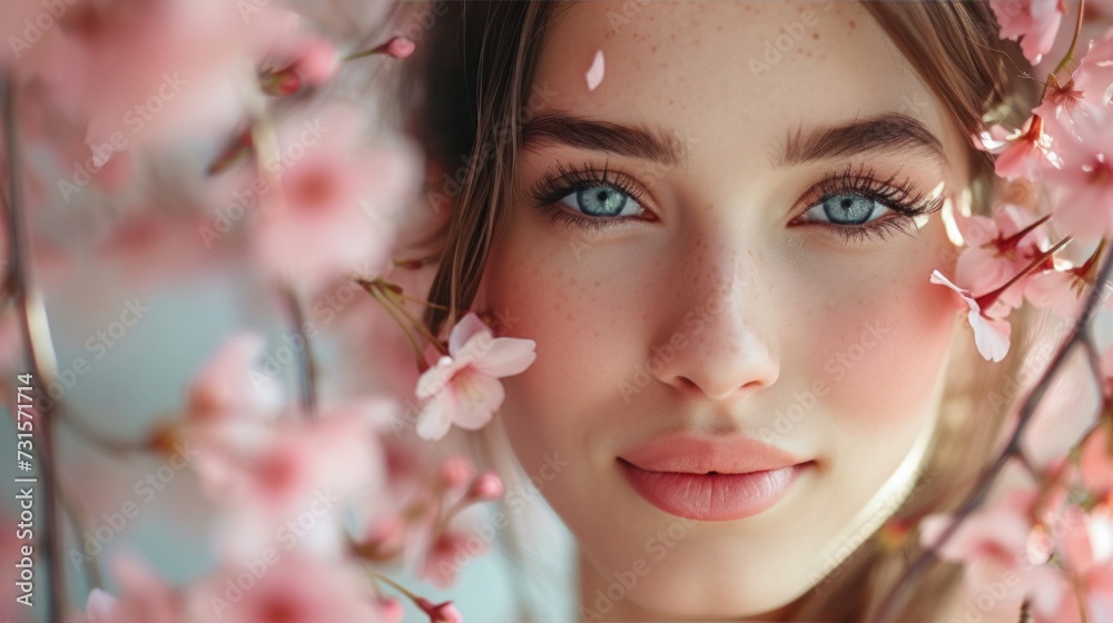 Her eyes sparkle with delight as she stands amid cherry blossoms