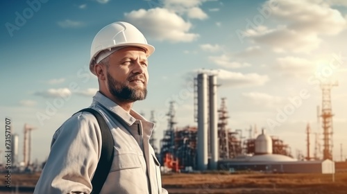 Portrait handsome An engineer wearing a suit and white safety helmet stands with his arms crossed, inspects a High voltage electric tower and electrical plant with, a clear sky with a few clouds,