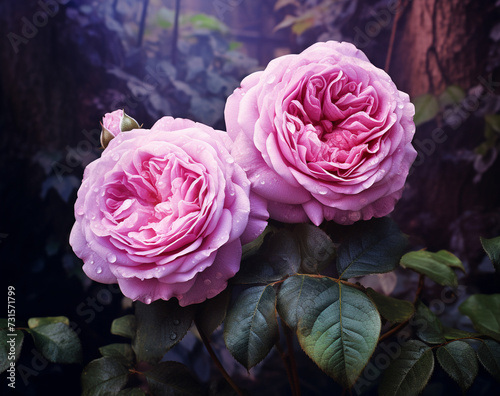 Close up of blooming pink roses flowers and petals Generative AI 