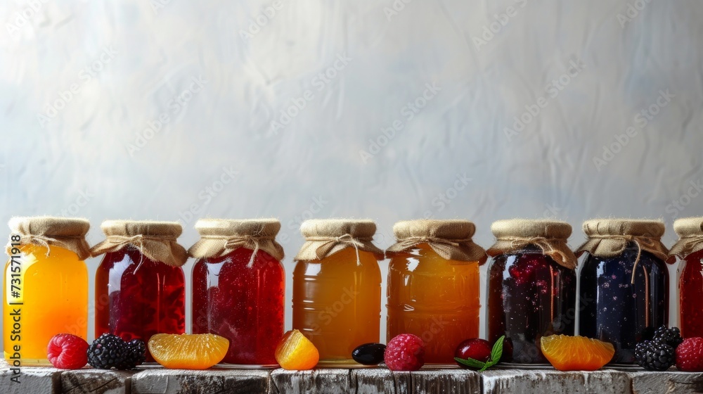 Clean and uncluttered backdrops enhanced by jars of colorful fruit jams Clean and uncluttered backdrops enhanced by jars of colorful fruit jams