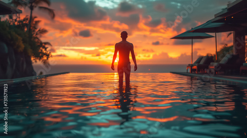 Poolside Serenity Man Embracing Sunset Relaxation © silvia