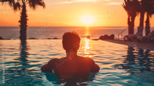 back view Sunbathing Elegance Man s Tranquil Poolside Escape