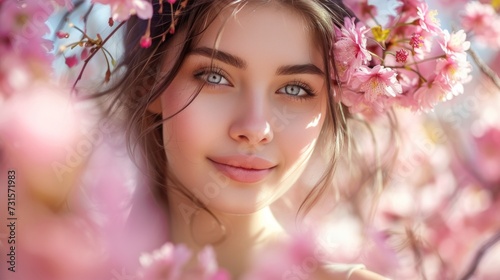 Her eyes sparkle with delight as she stands amid cherry blossoms © olegganko