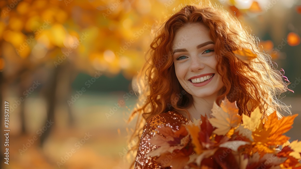 Joyful young woman enjoying autumn season in the park. happy redhead surrounded by golden leaves. casual fall fashion, outdoor portrait. AI Joyful young woman enjoying autumn season in the park. happy redhead surrounded by golden leaves. casual fall fashion, outdoor portrait. AI