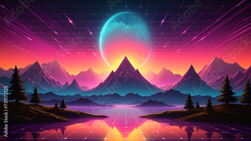 Beautiful mountain range landscape with a sunset. 80s Retro wave themed background