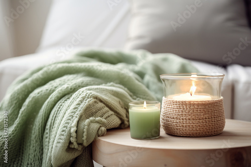 Room with green blanket and candles close-up Generation AI