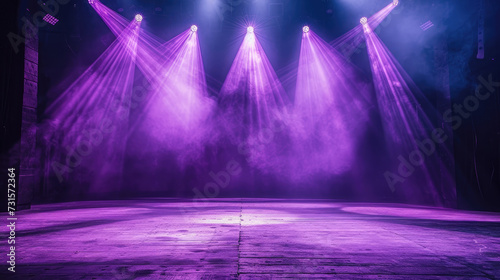 Free stage with lights and smoke  Empty stage with purple spotlights  conser  show  party  Presentation concept. purple violet spotlight strike on black background. banner design 