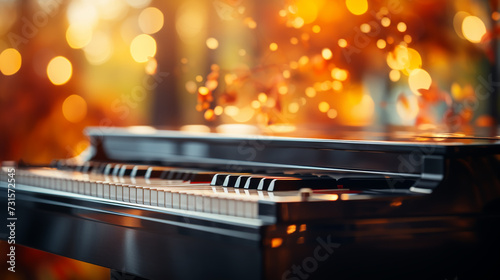 Piano keys close-up on a blurred background with bokeh. photo