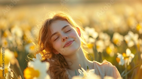 In a meadow of daffodils, she beams with happiness