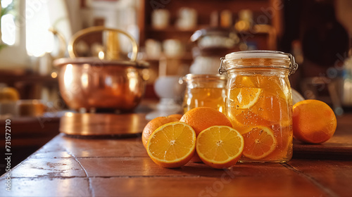 pot de confiture à l'orange, avec oranges à côté et chaudron en cuivre en arrière-plan