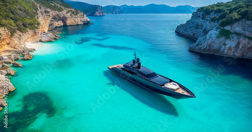 yacht de luxe qui accoste sur une plage paradisiaque avec eaux turquoises et palmiers - vue aérienne © Fox_Dsign