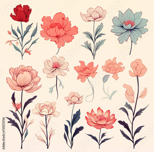 Set of watercolor elements collection of garden peonies red, burgundy flowers, leaves, branches Generative AI 