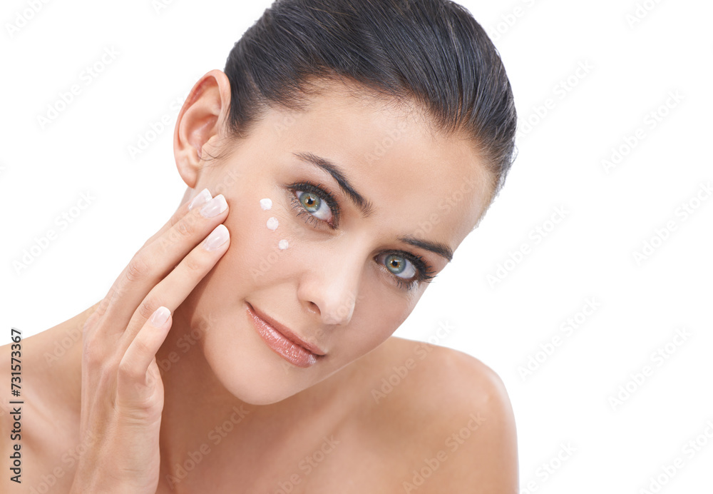 Happy woman, portrait and skincare with lotion, cosmetics or face cream on a white studio background. Face of female person, brunette or model applying creme or moisturizer for healthy skin on mockup Happy woman, portrait and skincare with lotion, cosmetics or face cream on a white studio background. Face of female person, brunette or model applying creme or moisturizer for healthy skin on mockup