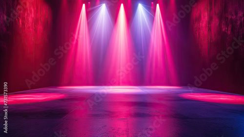 Free stage with lights and smoke, Empty stage with red and pink spotlights, conser, show, party, Presentation concept. Red and pink spotlight strike on black background	

