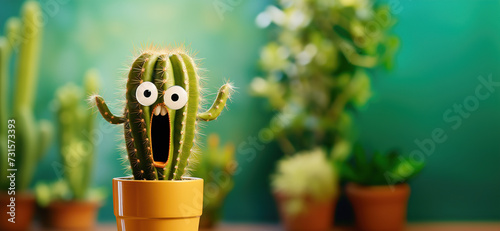 Cartoon cactus character with surprised funny face