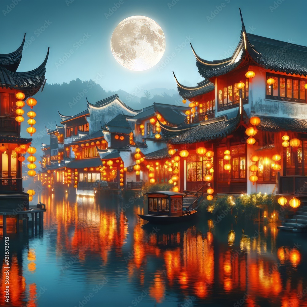 Obraz premium Chinese lake village with beautiful traditional houses decorated for the Chinese Lantern Festival