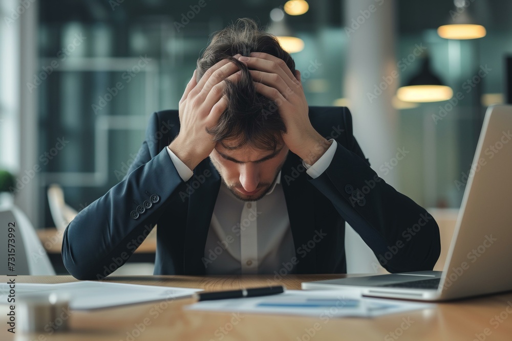 Job market anxiety businessman with hand in his head at a desk. Job market anxiety businessman with hand in his head at a desk.
