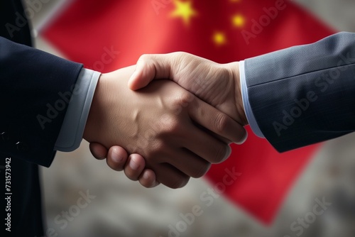 economic cooperation politicians shaking hands in front of china flag