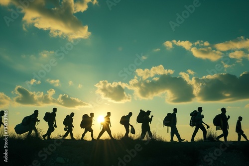 Immigration group of people on a open field walking against blue sky at sunset