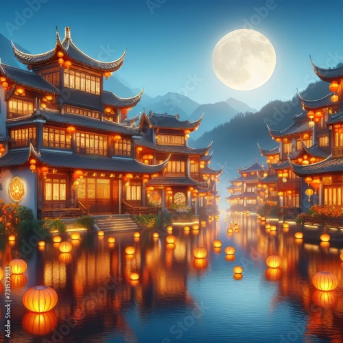 Chinese lake village with beautiful traditional houses decorated for the Chinese Lantern Festival © homan
