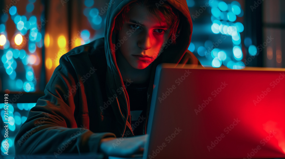 A hacker boy with a laptop and a hoodie A hacker boy with a laptop and a hoodie
